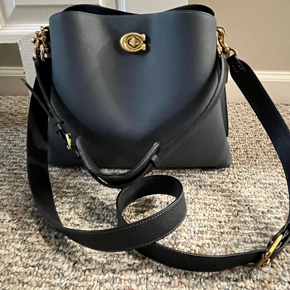 Coach Willow Denim Blue Polished Pebble Leather Gold Hardware Shoulder Bag